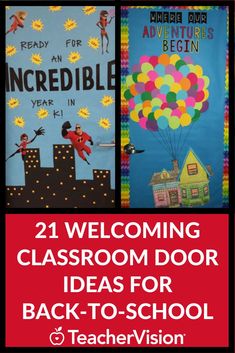 classroom door decorations for back to school with text overlaying the top and bottom