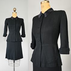 "Vintage 1940s classic suit set with aline skirt and matching jacket. The jacket includes classic details like lightly padded shoulders, pleated back creating a peplum look, art silk collar and cuff lining, fabric-covered buttons and functioning oblique pockets. Details Era: 1940s Label: none (original owner's name - Rocky D. - is labelled inside) Fabric: cotton wool blended gaberdine Color*: black Closure: buttons and hook and eye at waist (jacket); metal zip at side (skirt) Measurements Jacket Bust: 37\" Waist: 28.5\" Shoulders: 15.5\" Sleeve length: 18\" Bodice length: 16\" Length: 24.5\" Skirt Waist: 26.5\" Hips: 34\" Length: 25\" Condition Very good, with two small holes at the back - one under the arm, one at the shoulder blade (see images). Belt loops but no belt. *Color displays di