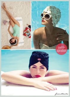 Here's our petal swim cap as photographed by fashion photographer Gabor Jurina. Vintage Swimsuits, Hair Wraps, Beach Chic, Vintage Glam