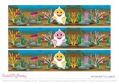 cartoon fish in the water with corals and seaweed behind them, set of two separate horizontal banners