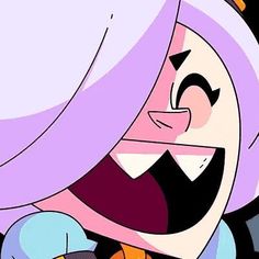 a cartoon character with purple hair holding a cell phone in one hand and smiling at the camera