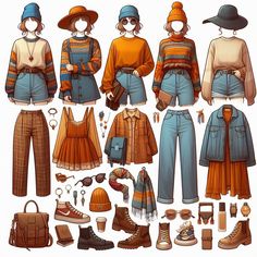 a paper doll with clothes and accessories on it's sides, including boots, hats, scarves