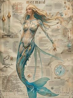 a mermaid with long hair and blue body standing in front of a poster that says mermaid