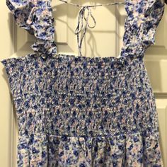 100% Lawn Cotton Calf Length Floral Pattern Blues & Pink Ruffled Shoulder Straps Gathered Smock Bodice With Small Ruffled Trim & Hemline Tiered Skirt Nwt Excellent Condition Floral Print Nightgown For Spring Vacation, Spring Vacation Nightgown With Floral Print, Ruffled Sleepwear For Vacation, Feminine Blue Nightgown For Spring, Feminine Blue Sleepwear For Spring, Summer Loungewear Dress With Smocked Back, Blue Spring Vacation Nightgown, Blue Sleeveless Vacation Nightgown, Sleeveless Blue Nightgown For Vacation