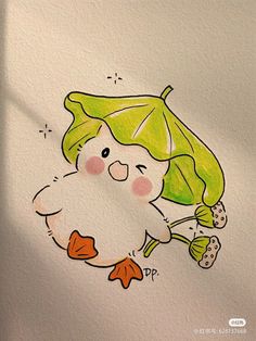 a drawing of a chicken with an umbrella on it's head, holding a carrot