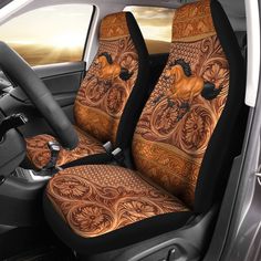 a car seat cover with an image of a horse on the front and back seats