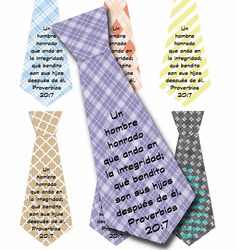 three different neck ties with the words written on them in spanish and latin scripts