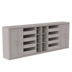 a large gray cabinet with many compartments and doors on the front, along with shelves