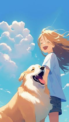 a girl is standing next to a dog with her long hair blowing in the wind