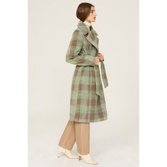 Green plaid (100% Polyester). Coat. Long sleeves. Collar. Front button closure. 44" from shoulder to hemline. Imported. Spring Daywear Plaid Outerwear, Plaid Outerwear For Spring Daywear, Chic Plaid Cotton Outerwear, Plaid Cotton Outerwear For Work, Plaid Outerwear For Fall Daywear, Fitted Plaid Outerwear For Fall, Spring Plaid Outerwear For Office, Spring Plaid Cotton Outerwear, Spring Plaid Wool Outerwear