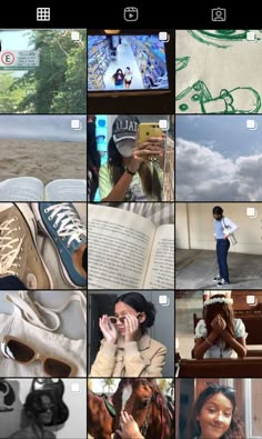 the collage shows many different pictures and people on their cell phones, including an open book