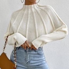 Batwing Sleeve Sweater, Elegante Y Chic, Dolman Sleeve Sweater, White Turtleneck, Long Sleeve Pullover Sweater, Batwing Sleeve, Casual Look