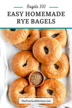 bagels with sesame seeds in the middle and text overlay that says easy homemade rye bagsels