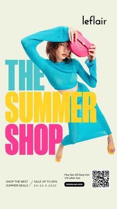 the summer shop flyer with a woman in blue and pink clothing holding a pink ball