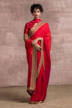 Buy Grey Saree Silk Chiffon Embroidered Lace Scoop Neck With Work Blouse For Women by Tarun Tahiliani Online at Aza Fashions. Tarun Tahiliani Saree, Embroidered Chiffon, Red Saree, Embroidered Neckline, Indian Fashion Designers