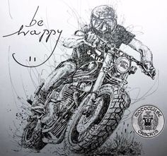 a drawing of a man riding on the back of a dirt bike with words written below it