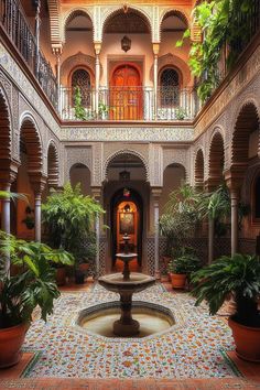 an indoor courtyard with potted plants and arches