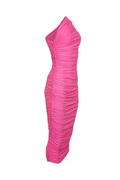 Make a bold statement with the playful "Amaya" midi dress from Solace London. The pretty pink color will add a feminine touch to your wardrobe, while the ruched jersey-crepe fabric and one-shoulder design give it an eye-catching look. Dress it up with sparkly heels and statement earrings for a glam ensemble. Size 2 95% Polyester, 5% Elastane Unlined Hidden side zipper One-shoulder design Pleated crepe fabric Midi length Bust 28" Waist (unstretched) 23" Shoulder to hem 54" Stretch Midi Dress With Ruched Bodice For Party, Spring Stretch Maxi Dress With Ruched Bodice, Stretch Midi Dress With Ruched Bodice, Flirty Pink Dress With Ruched Back, Pink Draped Flirty Dress, Flirty Draped Pink Dress, Pink Party Dress With Ruched Back, Flirty Pink Draped Dress, Spring Stretch Ruched Maxi Dress