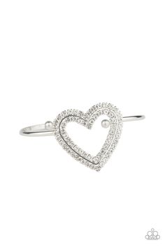 Two rows of glittery white rhinestones stack into a sparkling heart atop a dainty silver cuff for a charming look. Sold as one individual bracelet. Get The Complete Look! Necklace: "Pull Some HEART-Strings - White" (Sold Separately) P9RE-WTXX-362SS Bracelet Heart, White Bracelets, Rhinestone Heart, Paparazzi Accessories, White Rhinestone, Red Rhinestone, Paparazzi Jewelry, Rhinestone Bracelet, Gems Jewelry