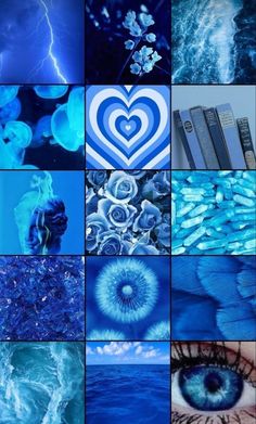 many different pictures are shown together with blue and white colors in the middle one is an eye