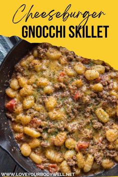 cheeseburger gnocchi skillet with text overlay