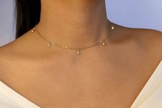 adjustable choker:- shortest: 41.5 cm- longest: 46.0 cm Adjustable Chain Diamond Choker Necklace, Dainty Choker With Adjustable Chain And Dangle, Dainty Adjustable Choker With Dangle, Dainty Gold Dangle Choker, Dainty Drop Choker Necklace, Dainty Gold Diamond Dangle Necklace, Dainty Gold Dangle Diamond Necklace, Diamond Chocker, Delicate Diamond Necklace