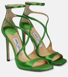 Azia 110 satin sandals in green - Jimmy Choo | Mytheresa Wedding High Heels, Jimmy Choo Sandals, Satin Sandals, Green Things, Green Heels, Jimmy Choo Heels, Carrie Bradshaw, Fashion High Heels, Green Shoes