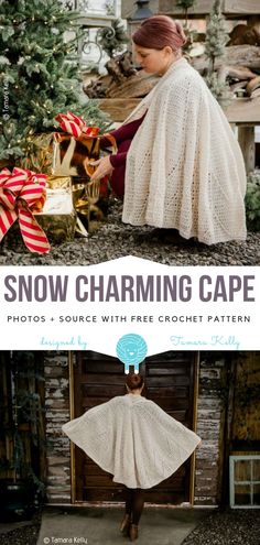 a woman wearing a white crochet cape with text overlay that reads, snow charming cape photos source free crochet pattern