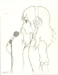 a pencil drawing of a woman with headphones on her ears, holding a microphone