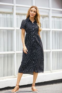 Polka Dot Button Down Short Sleeves Midi Dress Solid Midi Dress, Floral Chiffon Maxi Dress, White Lace Maxi Dress, Blue Floral Maxi Dress, Dots Dress, Girls Dresses Online, Beautiful Casual Dresses, Girls Maxi Dresses, Spring Dresses Casual