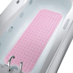 a white bath tub with pink mats on the bottom and side panels, in front of a white background