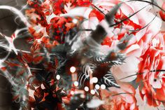 an abstract painting of red flowers and leaves