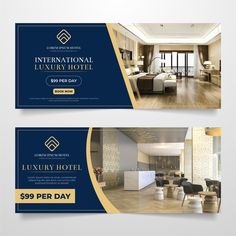 two blue and gold hotel banners with the words international luxury hotel $ 99 per day