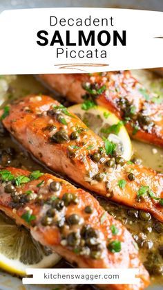 grilled salmon with lemon and capers served on a platter