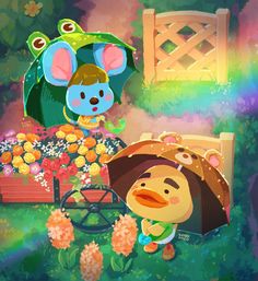 two cartoon characters standing next to each other in front of flowers and an open umbrella