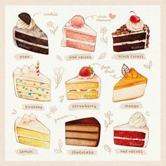 a drawing of different types of cakes