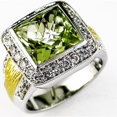 Royal 14K White Gold Cushion Cut Lemon Quartz and Diamond Ring - 4.95 Carat Total Gem Weight Luxury Green Rings With Diamond Accents, Luxury Green Cushion Cut Jewelry, Luxury Green Cushion Cut Diamond Ring, Lemon Quartz Ring, Gold Cushions, Cushion Cut Diamonds, Royal Jewelry, Lemon Quartz, Color Stone