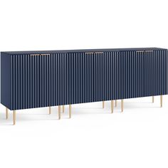 the sideboard in blue with gold legs and two doors on each side, is shown