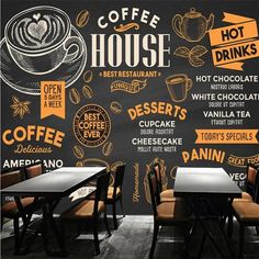 a restaurant wall mural with coffee and hot drinks written on the chalkboard behind it