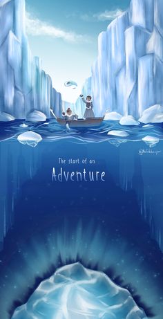 an iceberg with two people in a boat floating on top of it and the caption reads, the start of an adventure