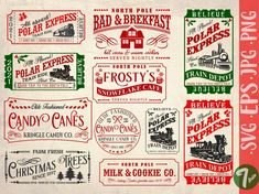 an old - fashioned christmas label set is shown in red, green and white