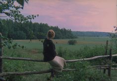 a woman sitting on top of a wooden fence next to a lush green field and forest