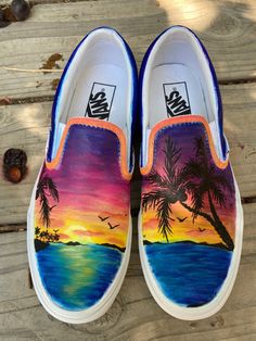 Painted Slip On Shoes, Multicolor Custom Sneakers For Summer, Multicolor Custom Sneakers With Round Toe For Summer, Artistic Multicolor Sneakers For Summer, Artistic Multicolor Summer Sneakers, Painted Vans Diy Easy, Painting Vans, Custom Vans Slip On, Custom Slip On Vans