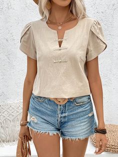 Women's Petal Short Sleeve Button-Up Shirt Apricot Casual  Short Sleeve Woven Fabric Plain Top Non-Stretch  Women Clothing, size features are:Bust: ,Length: ,Sleeve Length: Womens Short Sleeve Tops, Linen Tops Women, Boho Plus Size, Nail Bracelet, Linen Top Women, Women Blouses Fashion, Plain Tops, Women Blouses, Women Sleeve