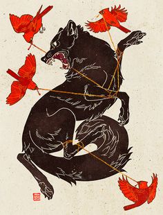 an illustration of a black bear with red birds around it's neck and claws in the air