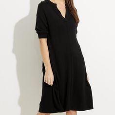 Sheri Dress Boasts A Flattering A-Line Silhouette, A Classic Fit That Works For All Types Of Figures. Its Focal Point Is Its Rounded Neckline With Cut-Out Detailing, Which Adds A Playful Touch To The Otherwise Polished Look. It's The Embodiment Of Casually Chic Thanks To Its Soft, Stretchy Blend. Length 41" P2p 23" 60% Rayon 40% Cotton Fall Daywear Dress With Split Neck, Casual Viscose Knee-length Shirt Dress, Black Viscose Shirt Dress For Work, Classic Black V-neck Dress, Classic Black Midi Dress For Daywear, Black V-neck Shirt Dress Casual, Casual Black V-neck Shirt Dress, Black Viscose V-neck Dress, Black Mid-length Dress For Daywear