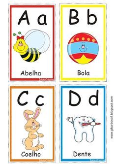 four different pictures of animals and letters with the words abc, b, c, d