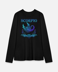 a black t - shirt with the words scorpio printed in blue on it