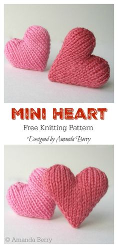 two knitted hearts with the words mini heart free knitting pattern