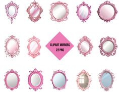 twelve pink mirrors with ornate designs on the edges and sides, all in different sizes